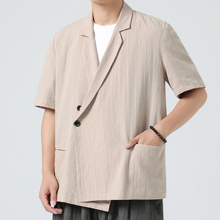 Buddha Stones Camisa de lino y algodón para hombre, de manga corta, asimétrica, con cuello de solapa y bolsillos, de primavera - image 19