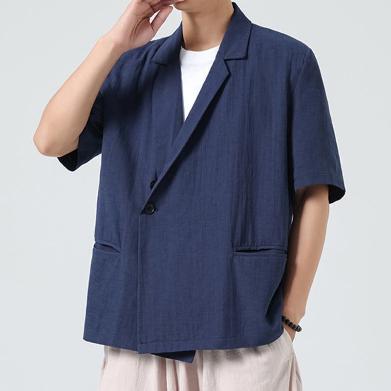 Buddha Stones Camisa de lino y algodón para hombre, de manga corta, asimétrica, con cuello de solapa y bolsillos, de primavera - image 2