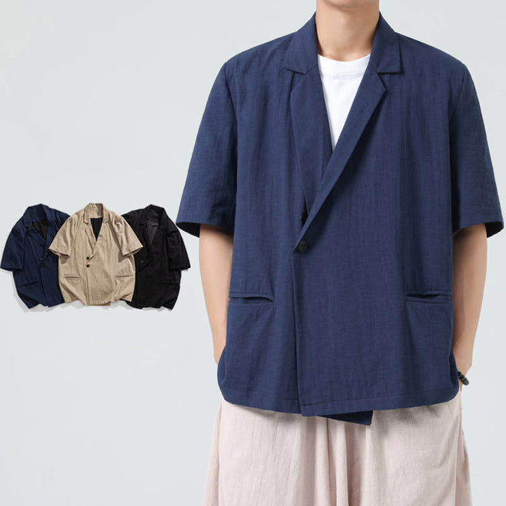 Buddha Stones Camisa de lino y algodón para hombre, de manga corta, asimétrica, con cuello de solapa y bolsillos, de primavera - image 7