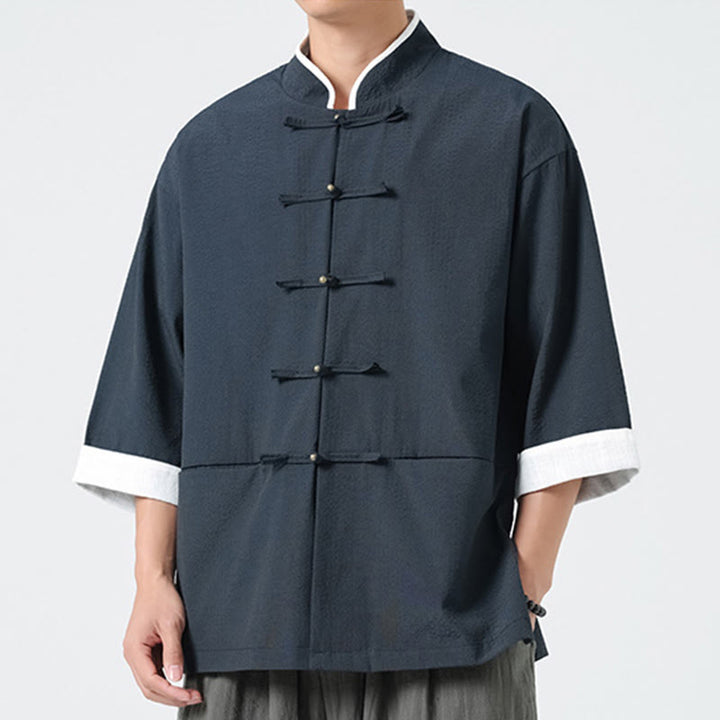 Buddha Stones Camisa de manga tres cuartos para hombre, color liso, con botones y bolsillos, para primavera - image 3