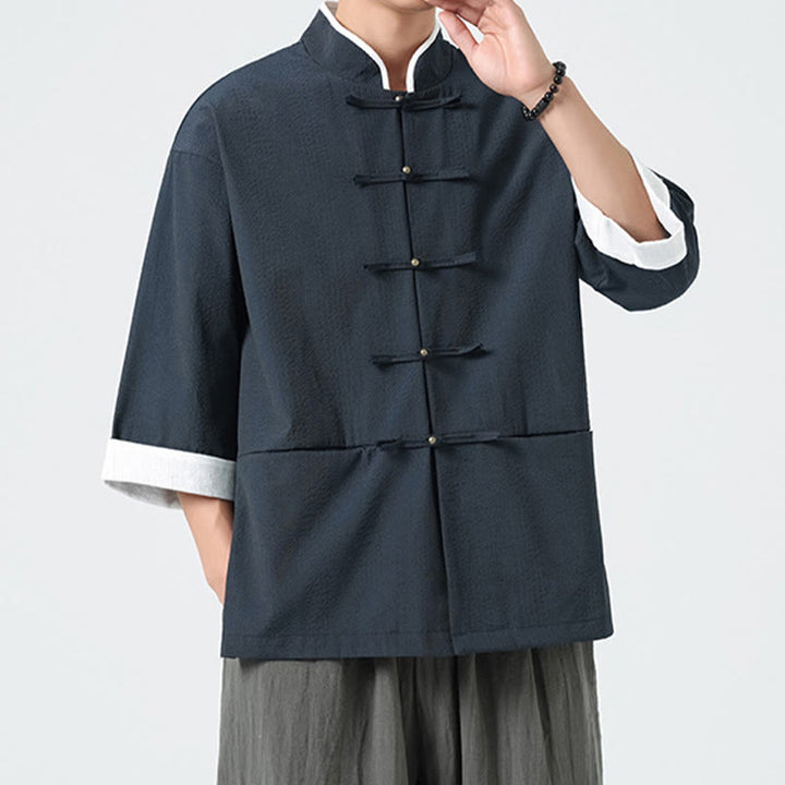 Buddha Stones Camisa de manga tres cuartos para hombre, color liso, con botones y bolsillos, para primavera - image 0