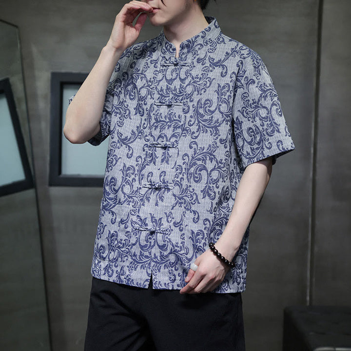 Buddha Stones Camisa de manga corta con botones de rana y bolsillos para hombre con estampado floral de verano - image 2