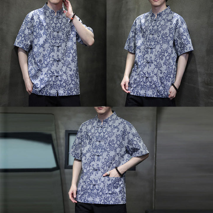Buddha Stones Camisa de manga corta con botones de rana y bolsillos para hombre con estampado floral de verano - image 9