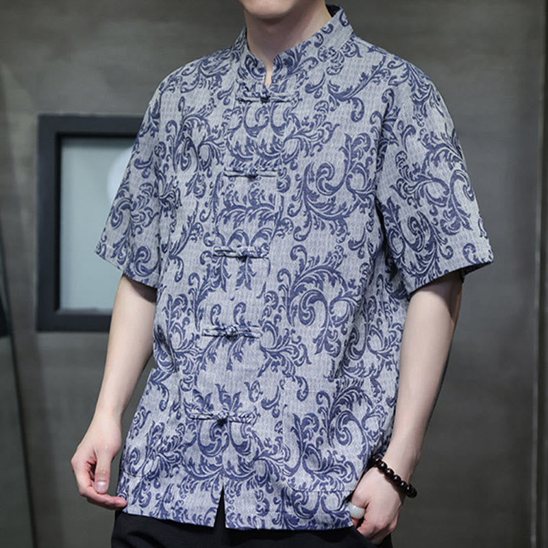 Buddha Stones Camisa de manga corta con botones de rana y bolsillos para hombre con estampado floral de verano - image 3