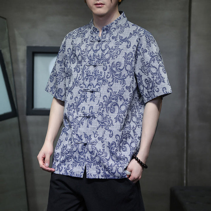Buddha Stones Camisa de manga corta con botones de rana y bolsillos para hombre con estampado floral de verano - image 6