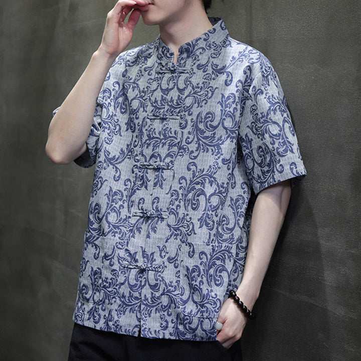 Buddha Stones Camisa de manga corta con botones de rana y bolsillos para hombre con estampado floral de verano - image 7