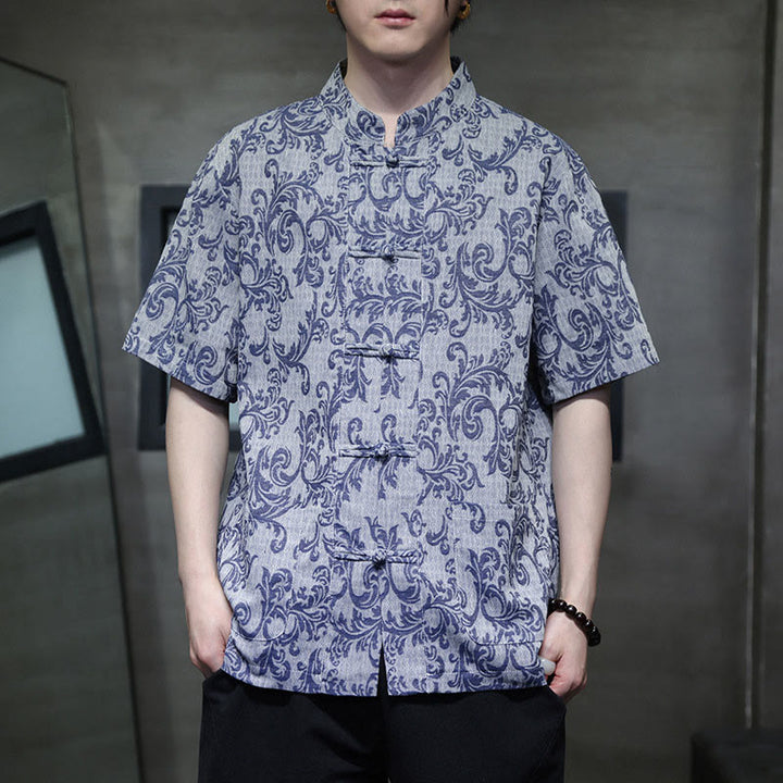 Buddha Stones Camisa de manga corta con botones de rana y bolsillos para hombre con estampado floral de verano - Azul acero claro - US/UK/AU44, EU54 (4XL) - image 0
