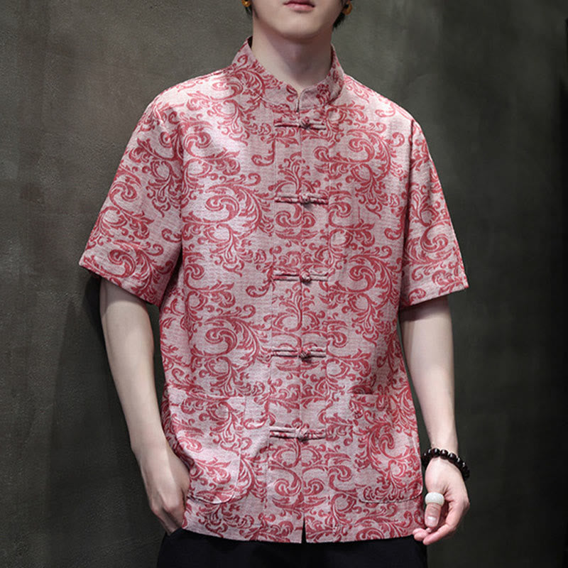 Buddha Stones Camisa de manga corta con botones de rana y bolsillos para hombre con estampado floral de verano - image 20