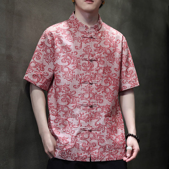 Buddha Stones Camisa de manga corta con botones de rana y bolsillos para hombre con estampado floral de verano - image 20