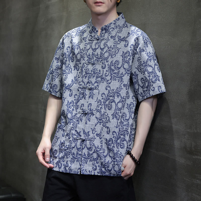 Buddha Stones Camisa de manga corta con botones de rana y bolsillos para hombre con estampado floral de verano - image 8