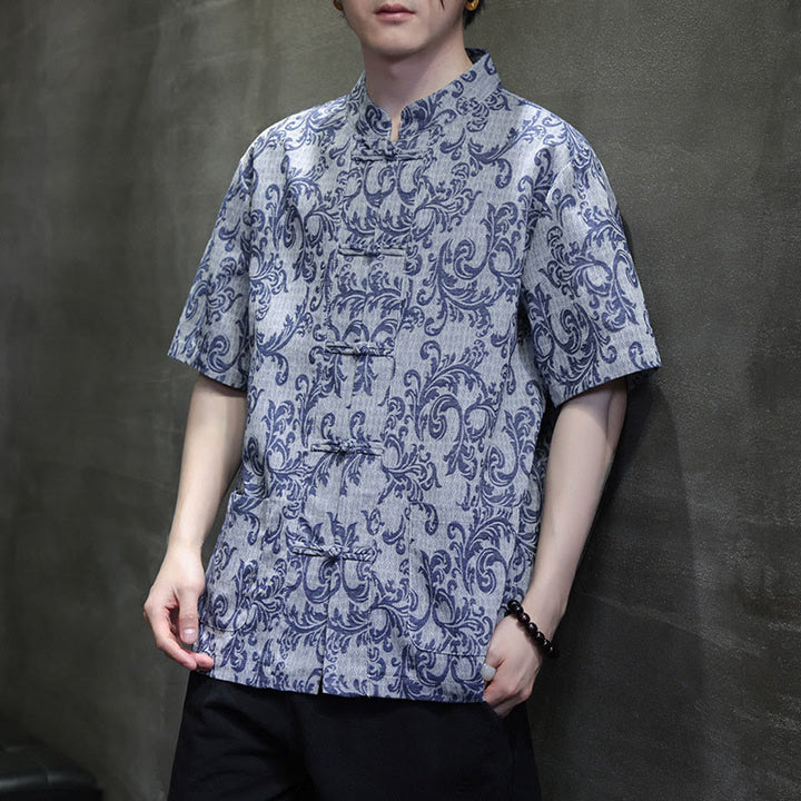 Buddha Stones Camisa de manga corta con botones de rana y bolsillos para hombre con estampado floral de verano - image 8