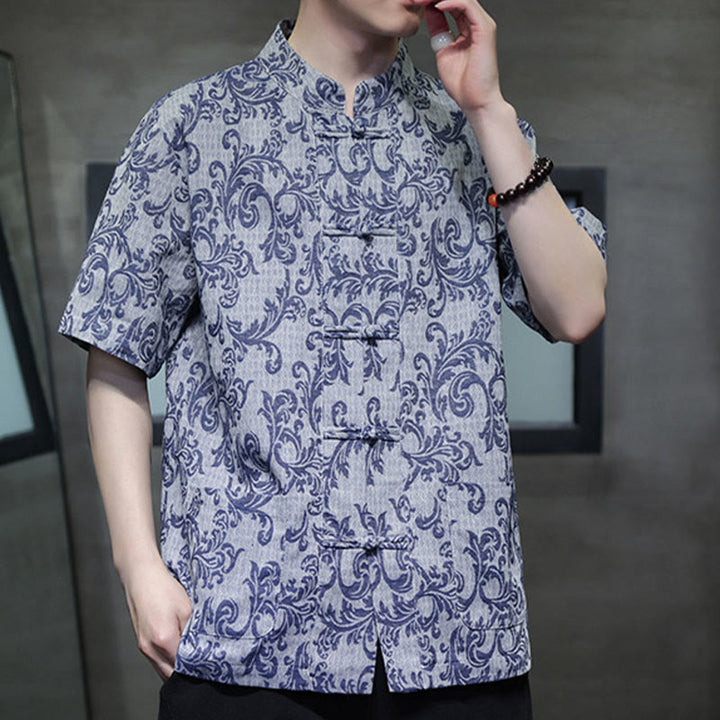 Buddha Stones Camisa de manga corta con botones de rana y bolsillos para hombre con estampado floral de verano - image 4