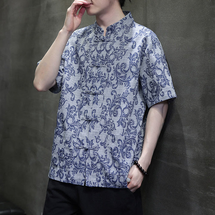 Buddha Stones Camisa de manga corta con botones de rana y bolsillos para hombre con estampado floral de verano - image 5
