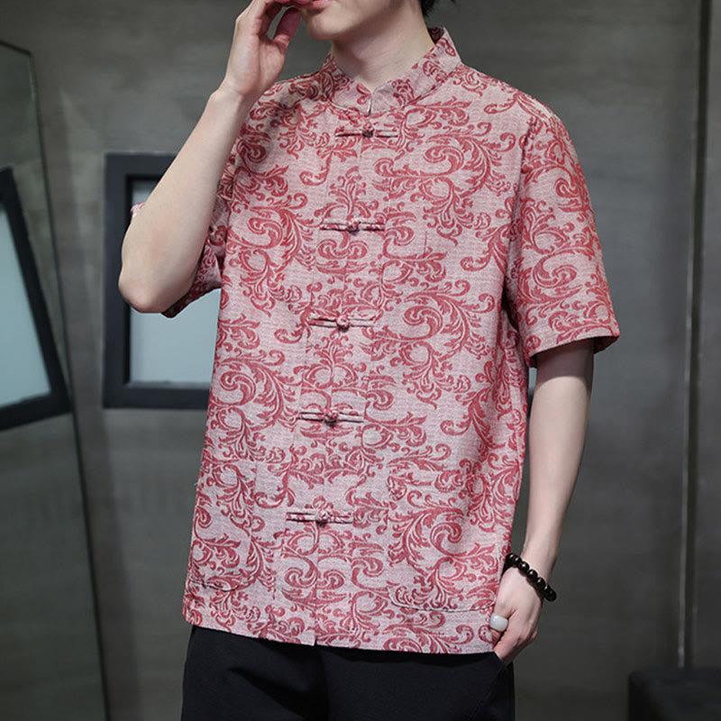 Buddha Stones Camisa de manga corta con botones de rana y bolsillos para hombre con estampado floral de verano - image 16