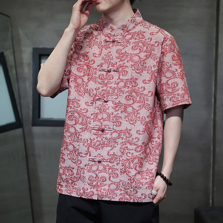 Buddha Stones Camisa de manga corta con botones de rana y bolsillos para hombre con estampado floral de verano - image 16