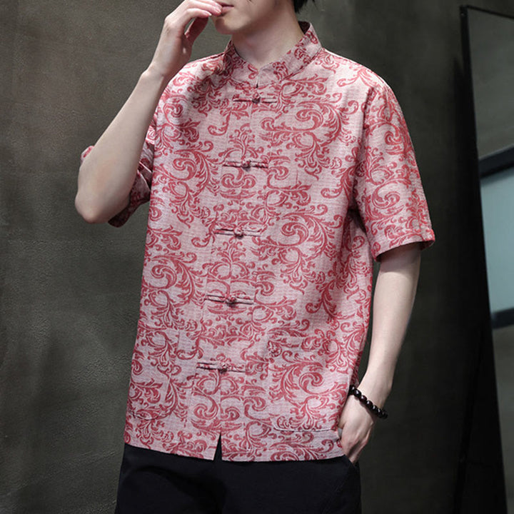 Buddha Stones Camisa de manga corta con botones de rana y bolsillos para hombre con estampado floral de verano - image 19