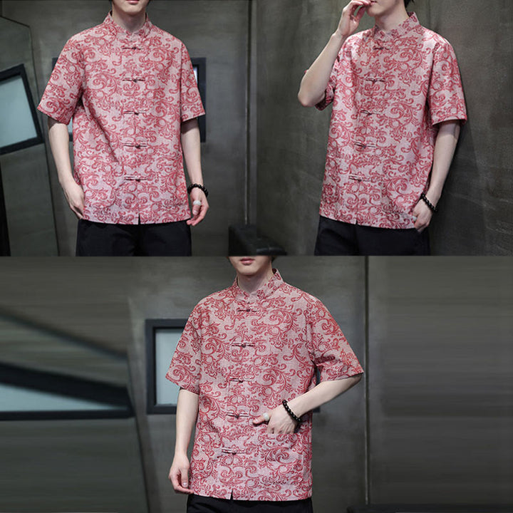 Buddha Stones Camisa de manga corta con botones de rana y bolsillos para hombre con estampado floral de verano - image 21
