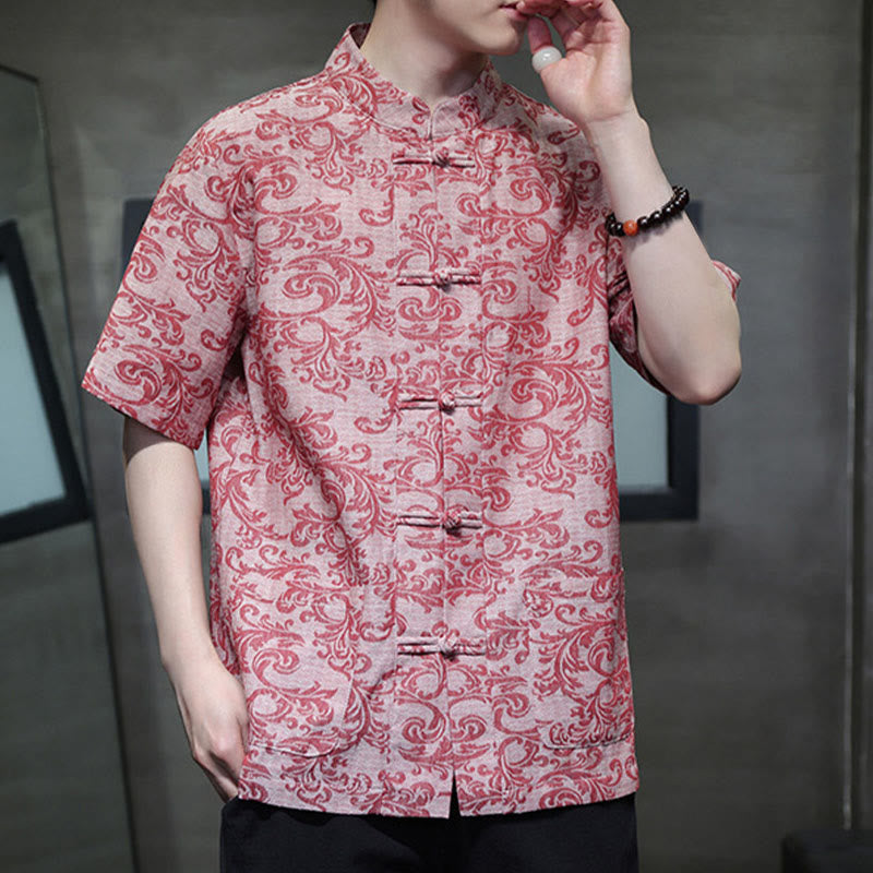 Buddha Stones Camisa de manga corta con botones de rana y bolsillos para hombre con estampado floral de verano - image 17