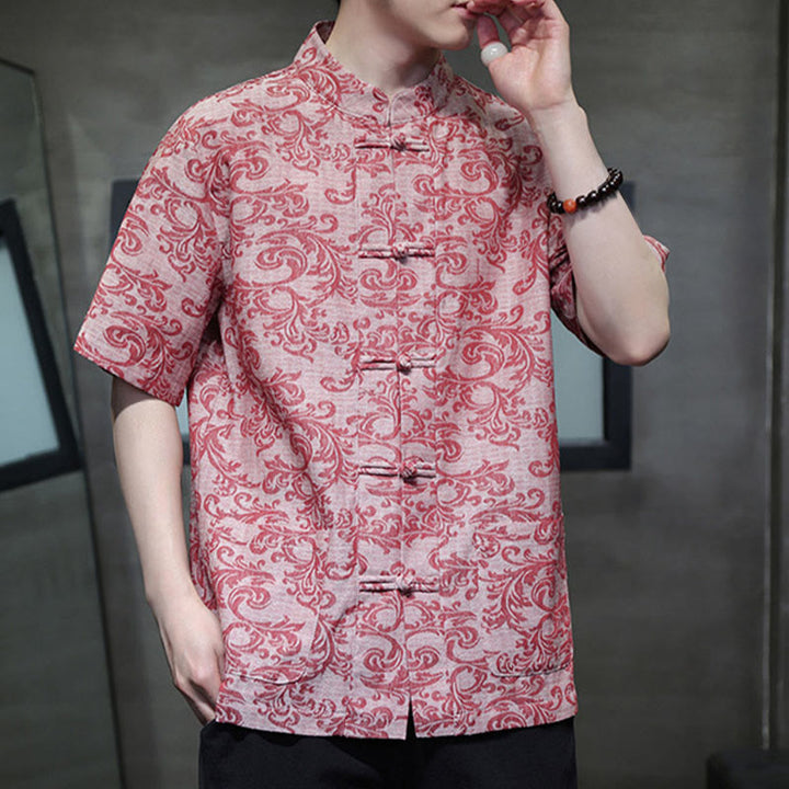 Buddha Stones Camisa de manga corta con botones de rana y bolsillos para hombre con estampado floral de verano - image 17