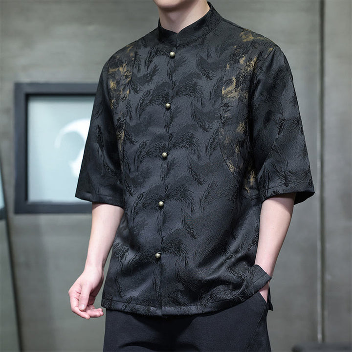 Buddha Stones Camisa de algodón de media manga para hombre con botones y estampado Bagua de jacquard texturizado - image 9