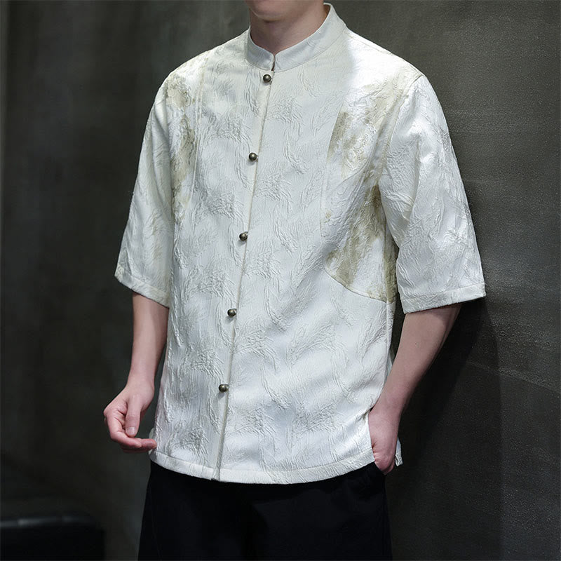 Buddha Stones Camisa de algodón de media manga para hombre con botones y estampado Bagua de jacquard texturizado - Blanco - US/UK/AU46, EU56 (5XL) - image 0