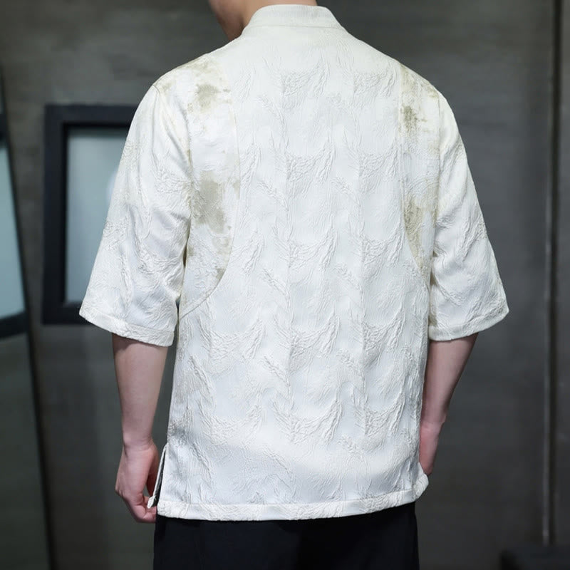 Buddha Stones Camisa de algodón de media manga para hombre con botones y estampado Bagua de jacquard texturizado - image 2