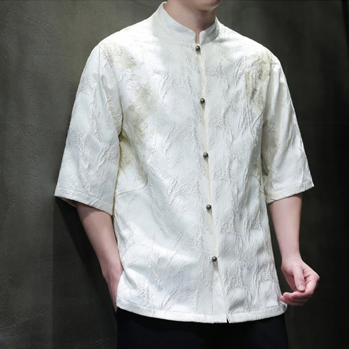 Buddha Stones Camisa de algodón de media manga para hombre con botones y estampado Bagua de jacquard texturizado - image 1
