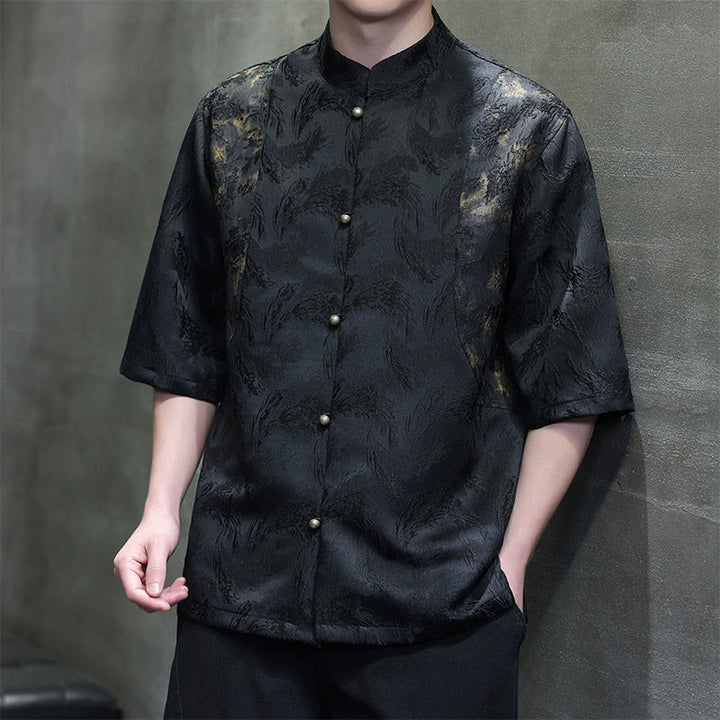 Buddha Stones Camisa de algodón de media manga para hombre con botones y estampado Bagua de jacquard texturizado - Negro - US/UK/AU46, EU56 (5XL) - image 8