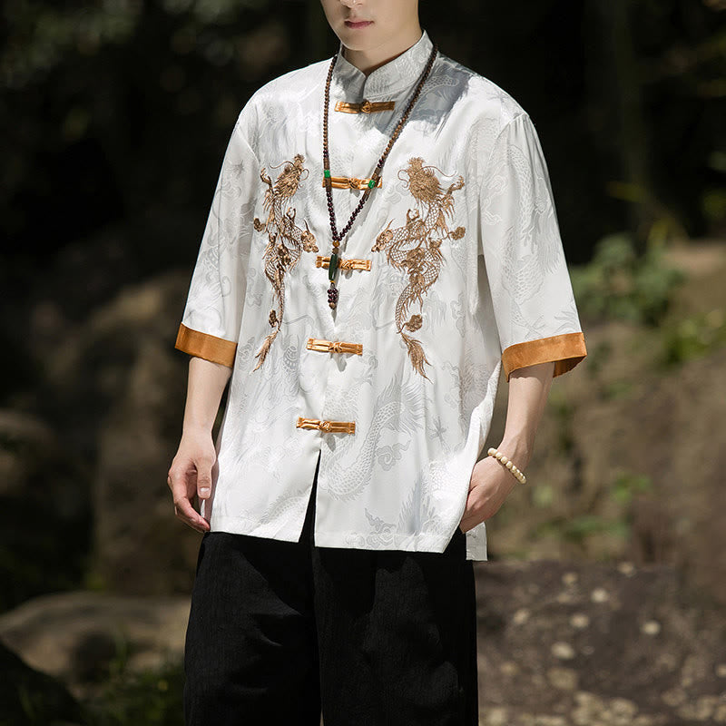 Buddha Stones Camisa de manga corta con botones de rana para hombre, traje Tang con diseño de dragón bordado y bloques de color - image 1
