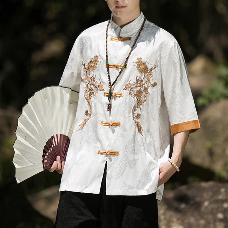 Buddha Stones Camisa de manga corta con botones de rana para hombre, traje Tang con diseño de dragón bordado y bloques de color - Blanco - US/UK/AU46, EU56 (5XL) - image 0