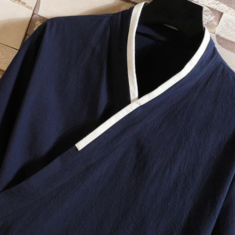 Buddha Stones Chaqueta tipo kimono de algodón para hombre, de manga corta, con estampado de grulla bordada y nubes auspiciosas. - image 1