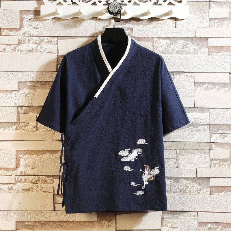 Buddha Stones Chaqueta tipo kimono de algodón para hombre, de manga corta, con estampado de grulla bordada y nubes auspiciosas. - Azul medianoche - US/UK/AU46, EU56 (5XL) - image 0