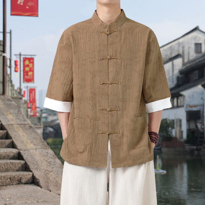 Buddha Stones Camisa de algodón de manga corta con botones de rana y bolsillos para hombre, traje Tang con estampado de grulla de verano y pino. - vara de oro - US/UK/AU46, EU56 (5XL) - image 7