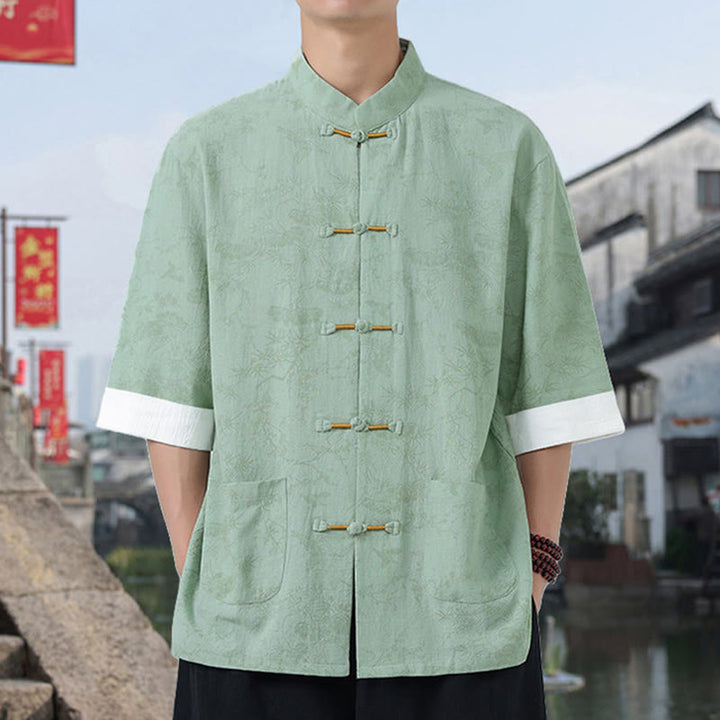 Buddha Stones Camisa de algodón de manga corta con botones de rana y bolsillos para hombre, traje Tang con estampado de grulla de verano y pino. - image 13