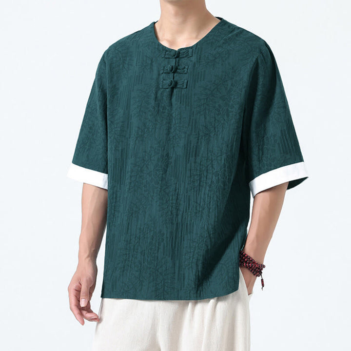 Buddha Stones Camisa de algodón de media manga con botones de rana para hombre con estampado de flores de verano y hierba - image 1