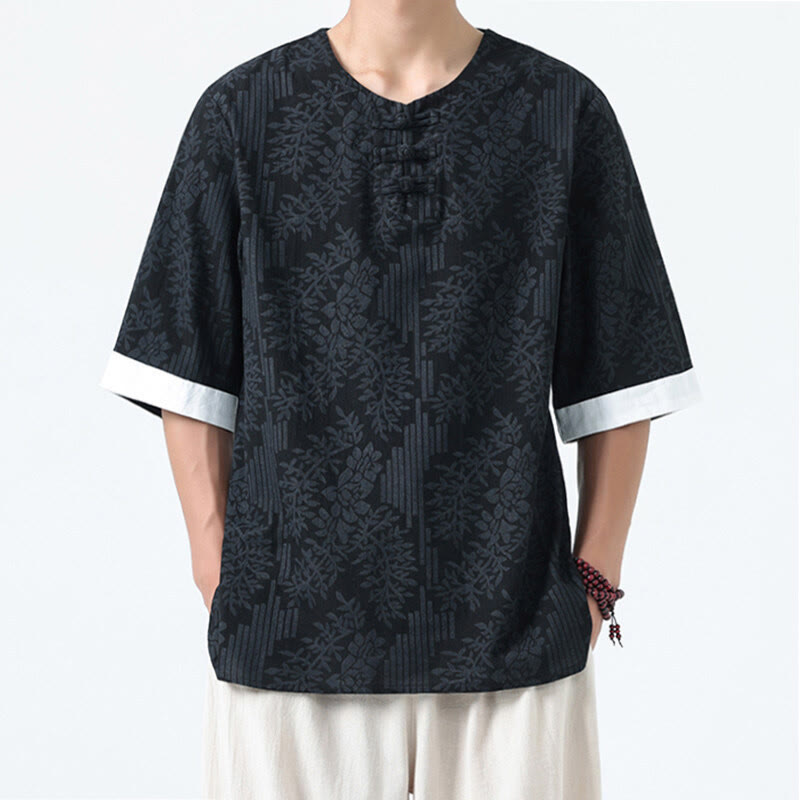 Buddha Stones Camisa de algodón de media manga con botones de rana para hombre con estampado de flores de verano y hierba - Negro - US/UK/AU46, EU56 (5XL) - image 11