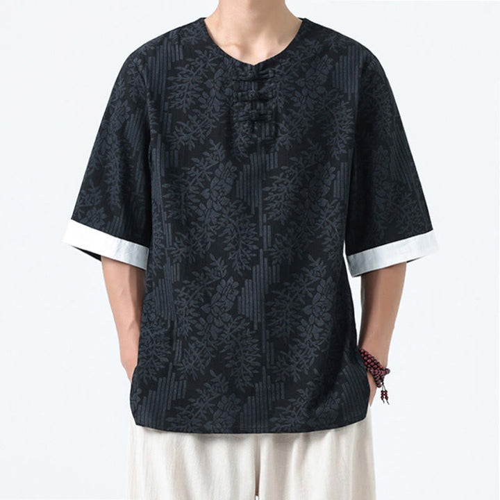 Buddha Stones Camisa de algodón de media manga con botones de rana para hombre con estampado de flores de verano y hierba - Negro - US/UK/AU46, EU56 (5XL) - image 11