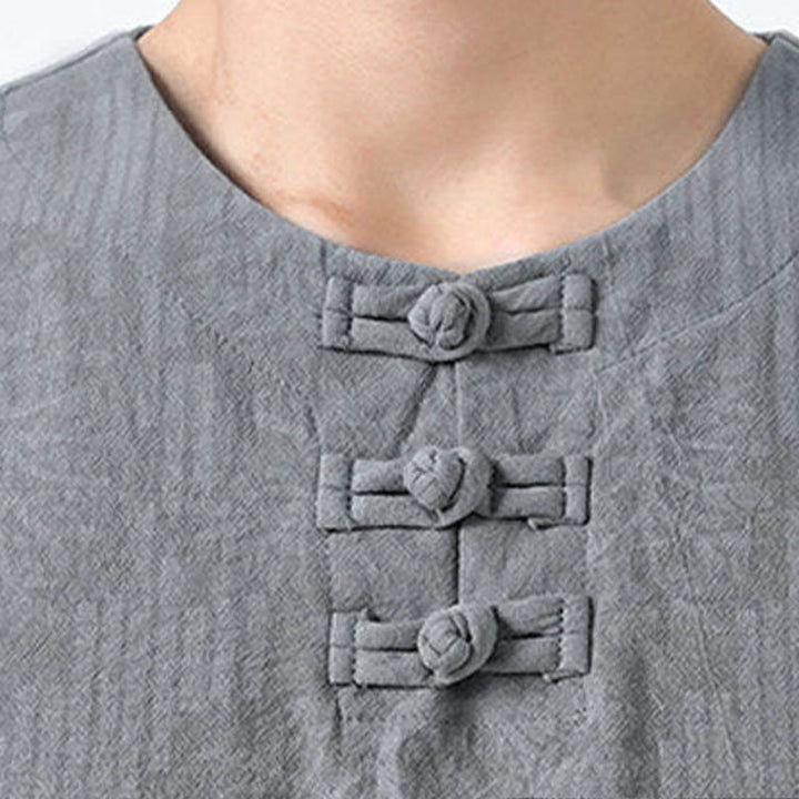 Buddha Stones Camisa de algodón de media manga con botones de rana para hombre con estampado de flores de verano y hierba - image 7