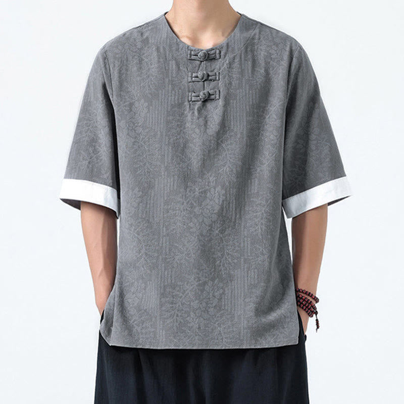 Buddha Stones Camisa de algodón de media manga con botones de rana para hombre con estampado de flores de verano y hierba - image 4