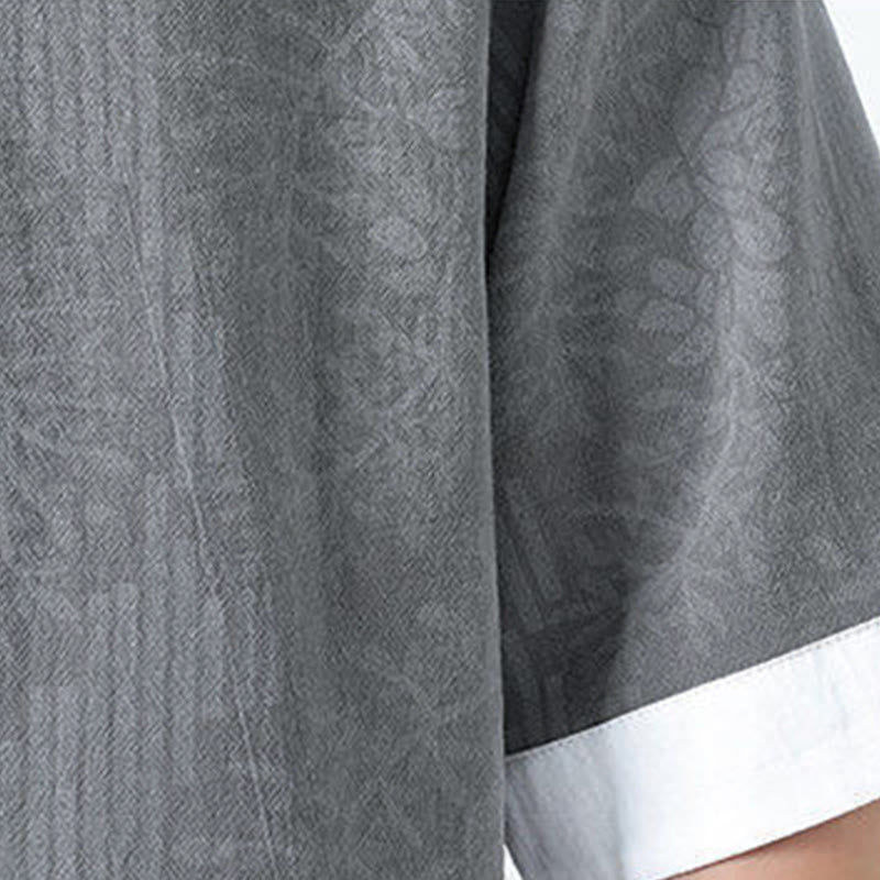 Buddha Stones Camisa de algodón de media manga con botones de rana para hombre con estampado de flores de verano y hierba - image 8