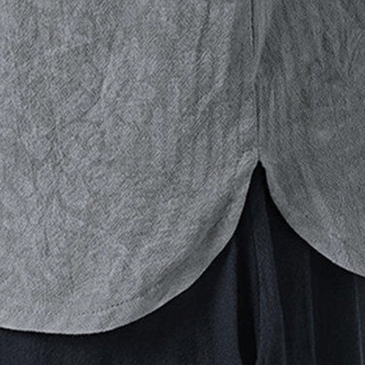 Buddha Stones Camisa de algodón de media manga con botones de rana para hombre con estampado de flores de verano y hierba - image 9