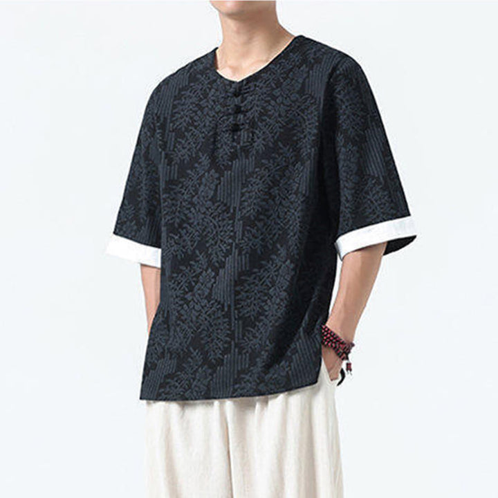 Buddha Stones Camisa de algodón de media manga con botones de rana para hombre con estampado de flores de verano y hierba - image 13