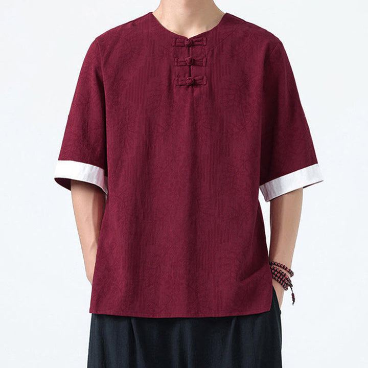 Buddha Stones Camisa de algodón de media manga con botones de rana para hombre con estampado de flores de verano y hierba - image 16