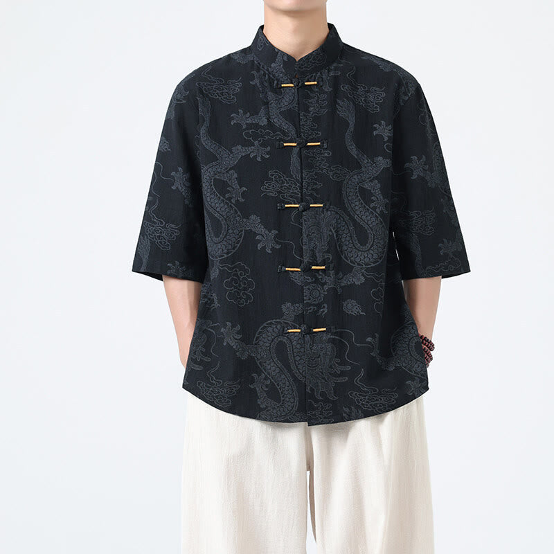 Buddha Stones Camisa de algodón de media manga con botones de rana para hombre con estampado de nubes auspiciosas de dragón de verano - image 1