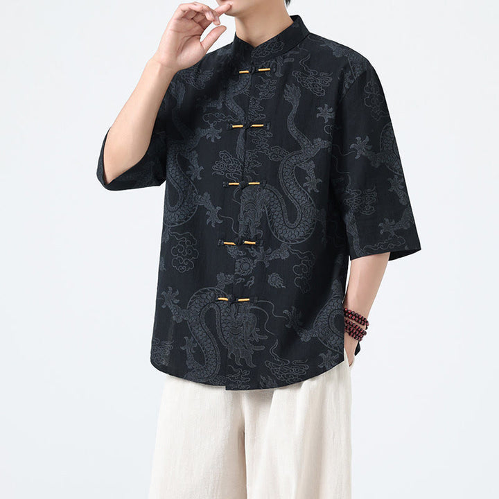 Buddha Stones Camisa de algodón de media manga con botones de rana para hombre con estampado de nubes auspiciosas de dragón de verano - image 2