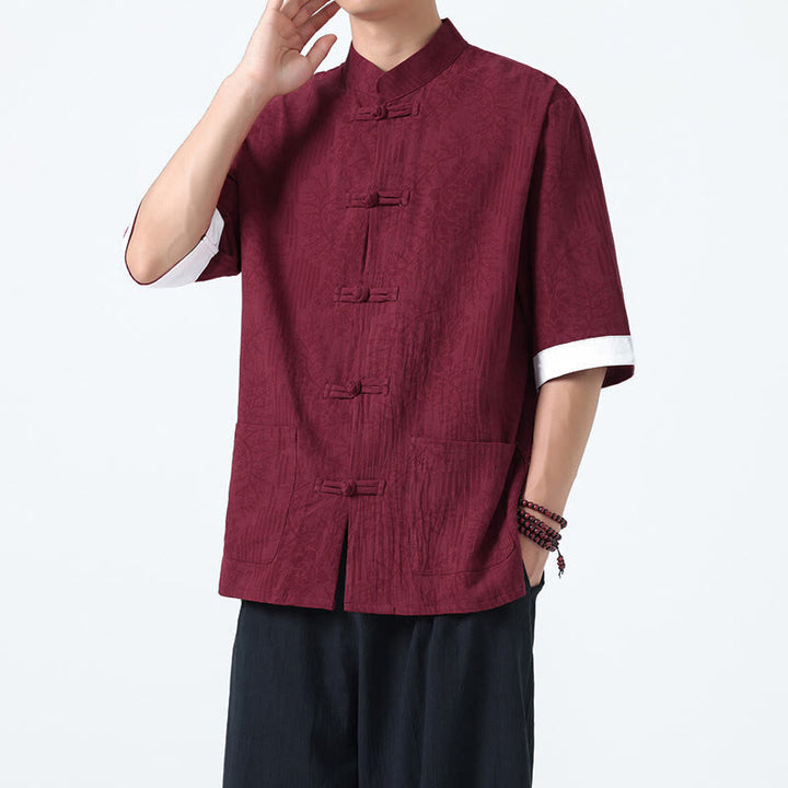 Buddha Stones Camisa de algodón de manga corta con botones de rana y bolsillos para hombre con estampado de flores de verano y hierba - Granate - US/UK/AU46, EU56 (5XL) - image 11