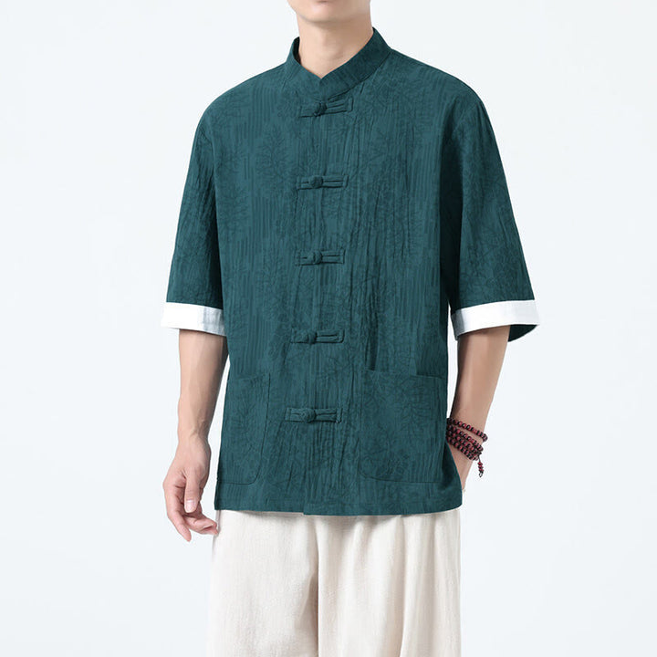 Buddha Stones Camisa de algodón de manga corta con botones de rana y bolsillos para hombre con estampado de flores de verano y hierba - Verde azulado - US/UK/AU46, EU56 (5XL) - image 15