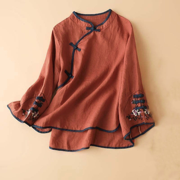 Camisa de lino y algodón de manga larga para mujer con diseño de flores bordadas retro y Buddha Stones - Rojo - US12, UK/AU16, EU44 (4XL) - image 0
