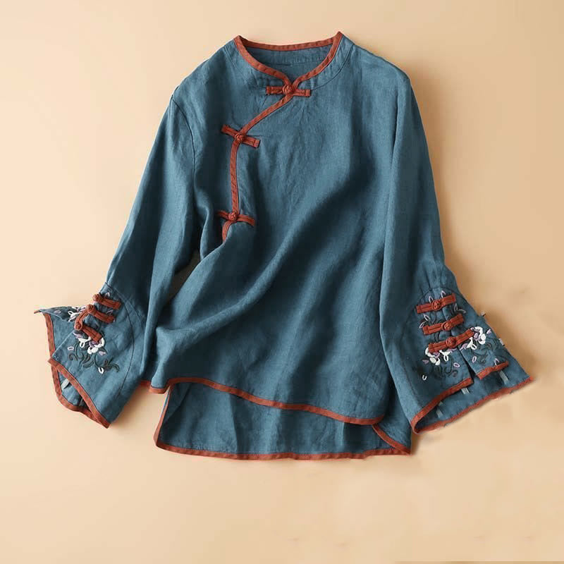 Camisa de manga larga para mujer con diseño retro de bordado de flores y Buddha Stones. - Azul acero - US12, UK/AU16, EU44 (4XL) - image 10
