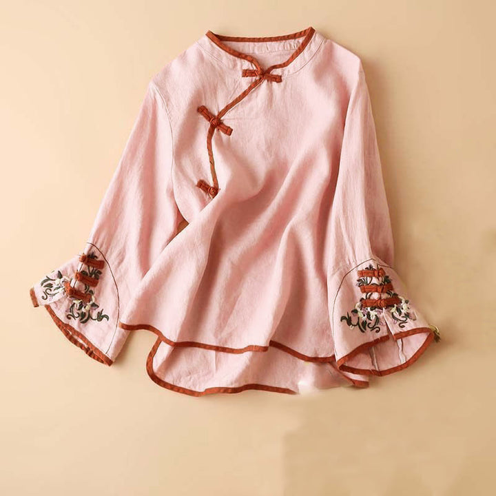 Camisa de manga larga para mujer con diseño retro de bordado de flores y Buddha Stones. - Rosa - US12, UK/AU16, EU44 (4XL) - image 13